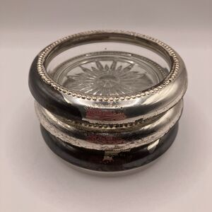 3 Vtg Starburst Atomic Silverplate & Glass Coasters - Wes Blackinton Nice Patina